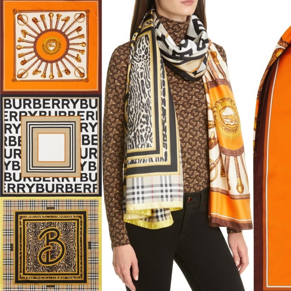 Burberry Mixed Print Mulberry Silk Scarf - New